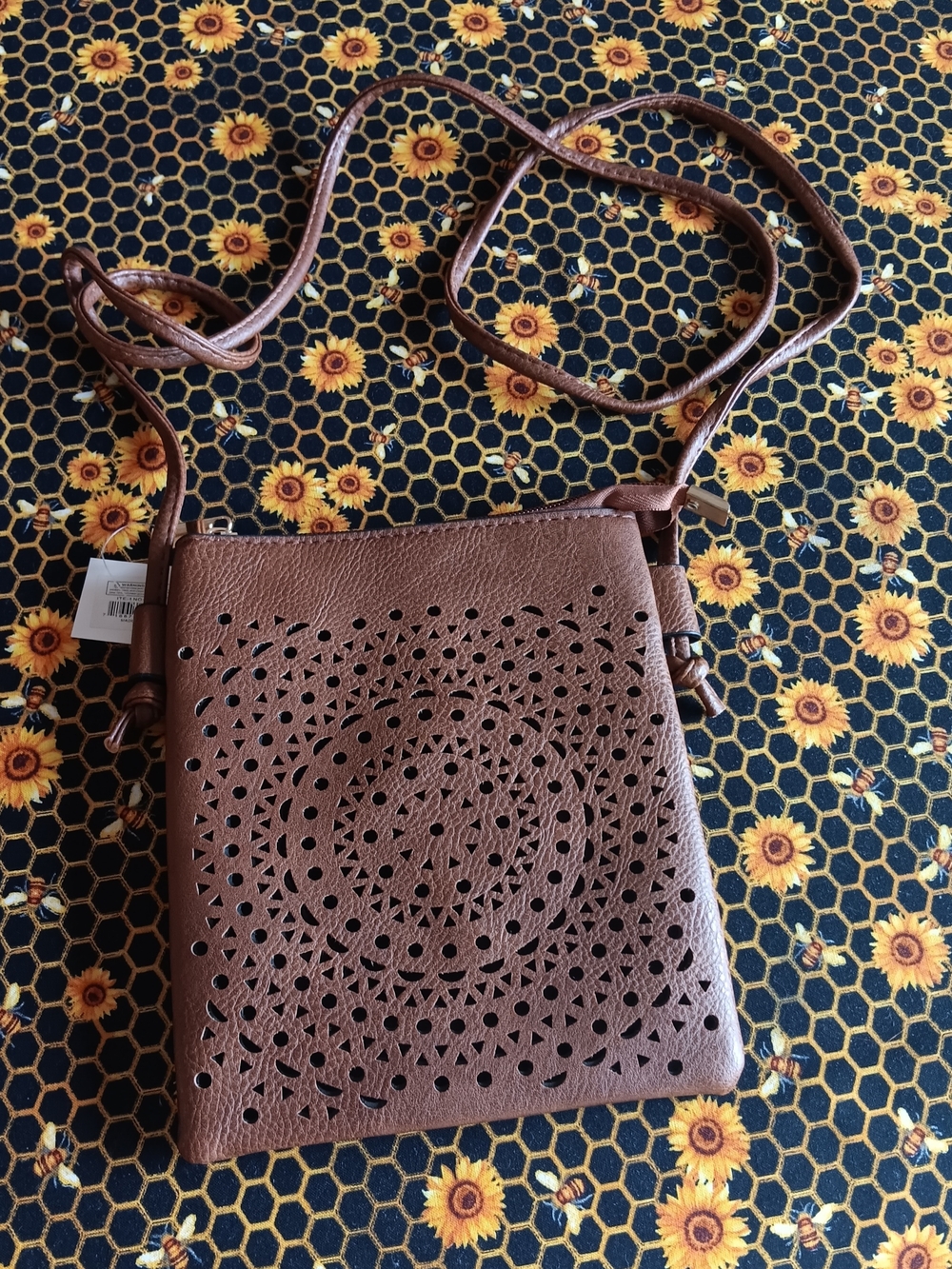 Kara and Kate Brown Laser Cut Vegan Leather Mandala Crossbody Bag NWT